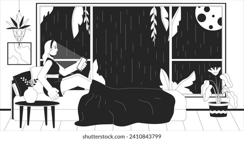 Sleepless night scrolling phone black and white lofi wallpaper. Girl surfing internet at rainy midnight 2D outline cartoon flat illustration. Insomnia. Dreamy vibes vector line lo fi background