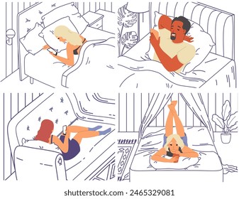 Sleepless people characters using mobile in bed vector illustration