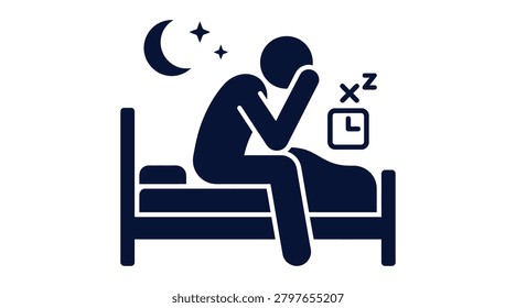 Sleepless person sitting on bed with a clock and crescent moon
