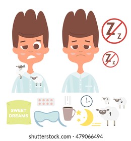 Sleepless vector set with man faces/pillow/cup of tea,sheep/ clock/ pill/moon.