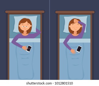 Sleepless woman face cartoon character suffers from insomnia problem vs happy girl have a sweet dream. Person with open eyes in darkness night lying on bed. Sad female awake, tired vector illustration