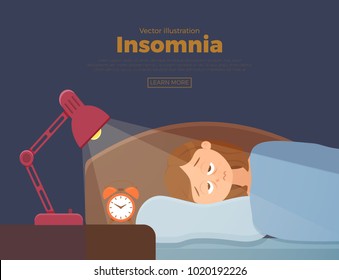 Sleepless woman face cartoon character suffers from insomnia. Girl with open eyes in darkness night lying on bed concept. Sad female  awake, tired dream problem vector illustration