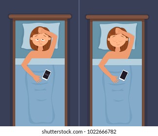 Sleepless woman face cartoon character suffers from insomnia problem vs happy girl have a sweet dream. Person with open eyes in darkness night lying on bed. Sad female awake, tired vector illustration