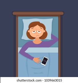 Sleepless woman face cartoon character suffers from insomnia. Girl with open eyes in darkness night lying on bed concept. Sad female  awake, tired with canâ??t dream problem vector illustration