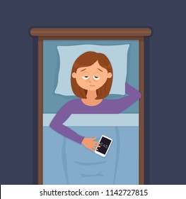 Sleepless woman face cartoon character suffers from insomnia. Girl with open eyes in darkness night lying on bed concept. Sad female  awake, tired with can’t dream problem vector illustration