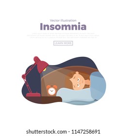 Sleepless woman face cartoon character suffers from insomnia. Girl with open eyes in darkness night lying on bed concept. Sad female  awake, tired with can’t dream problem vector illustration