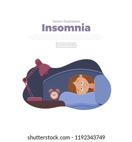 Sleepless woman face cartoon character suffers from insomnia. Girl with open eyes in darkness night lying on bed concept. Sad female  awake, tired with can’t dream problem vector illustration