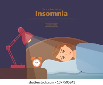 Sleepless woman face cartoon character suffers from insomnia. Girl with open eyes in darkness night lying on bed concept. Sad female awake, tired with can t dream problem vector illustration