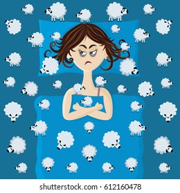 Sleepless woman lies and sheep walk around the bed. Insomnia concept to illustrate a stress and problem of sleep. Vector flat style illustration. 