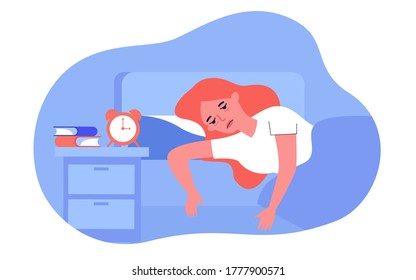 Sleepless woman lying in bed with fatigue isolated flat vector illustration. Cartoon depressed sleepy female person with insomnia. Sleeping disorder and nightmare concept