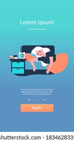 Sleepless woman lying in bed with fatigue isolated flat vector illustration. Cartoon depressed sleepy female person with insomnia. Sleeping disorder and nightmare concept