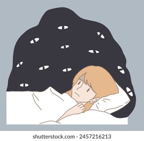 Sleepless woman lying in bed, having insomnia, bad dreams, thoughts, nightmares, fear of darkness. Spooky shadow surrounded by big evil eyes. Hand drawn flat cartoon character vector illustration.