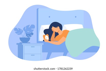 Sleepless woman lying in bed and looking at alarm clock isolated flat vector illustration. Cartoon female person with sleep disorder. Insomnia and sadness concept