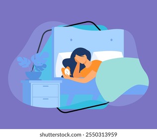 Mujer insomne acostada en la cama y mirando el despertador Ilustración vectorial plana aislada. Mujer de dibujos animados con trastorno del sueño. Concepto de insomnio y tristeza