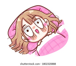 Sleepless woman lying down on the bed due to stress and anxiety isolated on white background with insomnia concept.