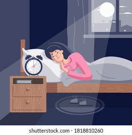 Sleepless woman lying on bed with open eyes. Girl character suffers from insomnia. Tired female insomniac trying fall asleep in night moonlighted bedroom. Vector illustration in flat cartoon style