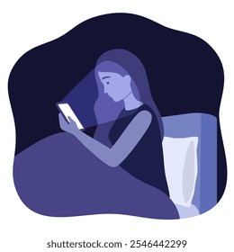 Mujer insomne con teléfono. Muchacha en la cama mira en la pantalla ligera de los mensajes del smartphone, comprueba el teléfono celular, la adicción móvil del insomnio nocturno.