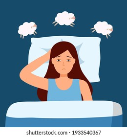 Sleepless woman suffering from insomnia and counting sheep. Female with open eyes in darkness night lying on bed concept vector illustration. Young woman try to sleep under blanket.