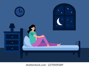 Sleepless woman suffering from insomnia. Female with open eyes in darkness night sitting on bed concept vector illustration.