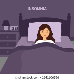 Sleepless woman suffering  from insomnia. Lady with open eyes in darkness night lying on bed concept vector illustration. Woman try to sleep under blanket.