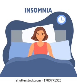 Sleepless woman suffering from insomnia. Lady with open eyes in darkness night lying on bed concept vector illustration. Woman try to sleep under blanket.