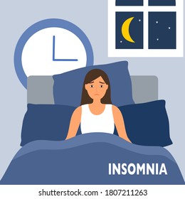 Sleepless woman suffering from insomnia. Lady with open eyes in darkness night lying on bed concept vector illustration. Woman try to sleep under blanket.