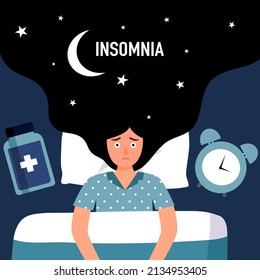 Sleepless woman suffering from insomnia. Lady with open eyes in darkness night lying on bed with clock and medicine. Woman try to sleep under blanket.