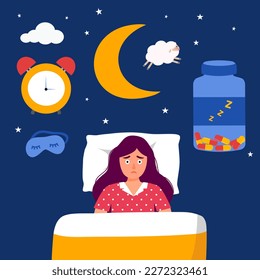 Mujer sin dormir que sufre de insomnio. Dama con los ojos abiertos en la noche de la oscuridad tumbada en la cama con reloj y medicina. Las mujeres tratan de dormir bajo una manta.