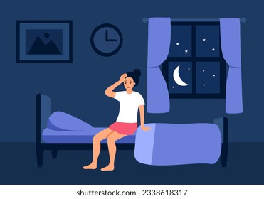 Sleepless woman suffering from insomnia. Lady sitting on bed in darkness vector illustration.