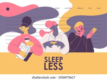 Sleepless women with coffee and papers. Landing page dedicated to insomnia and office workers who have wrong time management. Vector characters yawning and sleepy