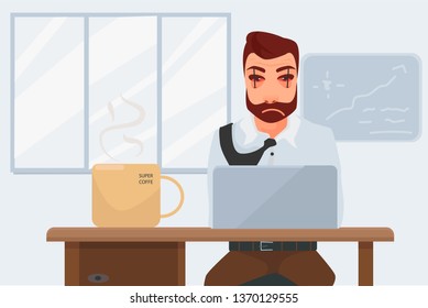 Sleepless worker with red eye sit infront of pc laptop and having super big coffe mug with white background. Insomnia worker vector concept.