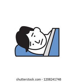 Sleepless young man lying in bed. Insomnia. Cartoon design icon. Colorfull flat vector illustration. Isolated on white background.