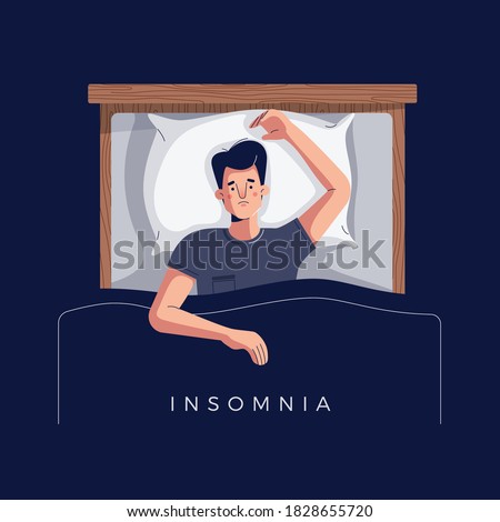 Sleepless young man suffers from insomnia, sleep disorder. Sad tired male character lying in bed with open eyes, trying to fall asleep. Space for text. Modern flat cartoon style, vector illustration