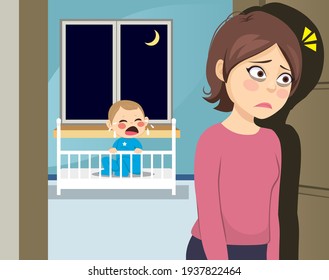 Sleepless Young Tired Mom At Night With Baby Crying On Crib