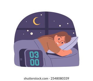 Sleepless young woman cartoon character awaking at night struggling with insomnia and bad thinking