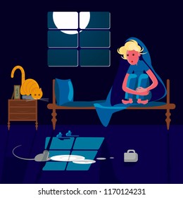 Sleepless young woman scared of mouse in the night. Vector illustration eps 10