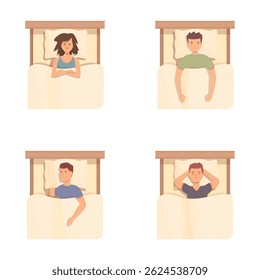 Sleeplessness concept icons set cartoon vector. People suffering from insomnia. Sleeping problem