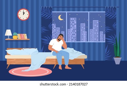 Sleeplessness Vector Illustration. Insomnia Disorder. Man Sitting On Bed Suffering From Nightmare Or Depression