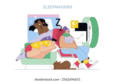 Sleepmaxxing concept. Improving sleep quality for better health. People experiencing optimized rest with the help of technology and comfort. Vector illustration.