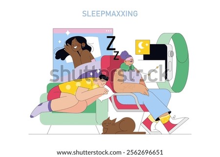 Sleepmaxxing concept. Improving sleep quality for better health. People experiencing optimized rest with the help of technology and comfort. Vector illustration.