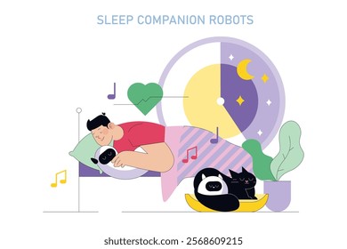 Sleepmaxxing concept. Man embracing a robot for better sleep with a serene, moonlit backdrop, highlighting the role of sleep companion robots. Vector illustration.