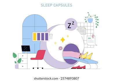 Sleepmaxxing concept. Modern sleep capsule with a comfortable pod for restful napping in an office setting. Efficient power nap rejuvenation. Vector illustration.