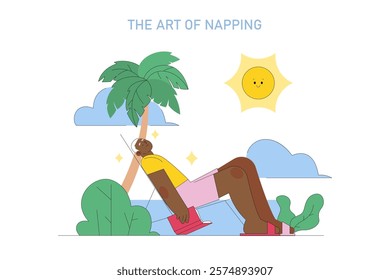 Sleepmaxxing concept. A person enjoys a peaceful nap under the sun beside a palm tree, embodying relaxation. Tranquil scene of daytime rest and wellness. Vector illustration.