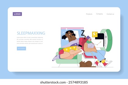 Sleepmaxxing concept. A serene illustration showcasing people and pets enjoying a restful sleep, with a smartwatch monitoring rest quality. Vector illustration.