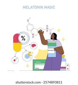 Sleepmaxxing concept. A woman interacts with elements symbolizing the benefits of melatonin for better sleep and wellbeing. Vector illustration.