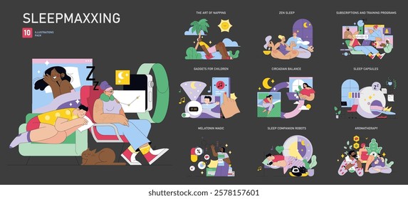 Sleepmaxxing set. A collection of illustrations promoting improved sleep through various methods and tools. Enhancing rest with napping, technology, and sleep hygiene. Vector illustration.