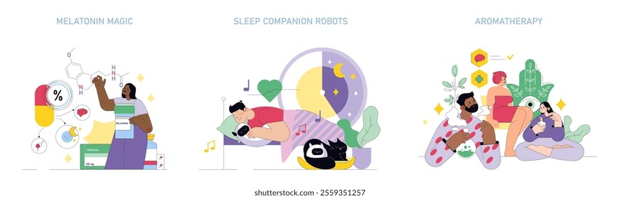 Sleepmaxxing set. Illustration of melatonin benefits, robotic sleep aids, and aromatherapy wellbeing. Harmony in restful nights and wellness routines. Vector illustration.