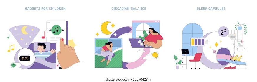 Sleepmaxxing set. Innovations for enhanced sleep experience. Gadgets for children's bedtime, circadian rhythm balance, and modern sleep capsules. Vector illustration.