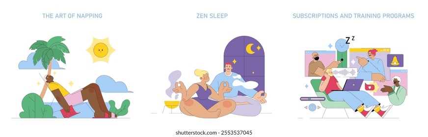 Sleepmaxxing set. Methods for improving rest with napping, Zen sleep practices, and sleep education programs. Vector illustration.