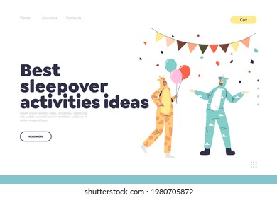 Sleepover activity concept of landing page with girl and guy on kigurumi pajama party wearing giraffe and unicorn jumpsuit on costume celebration. Cartoon flat vector illustration